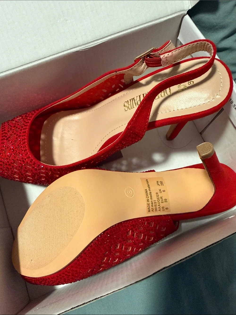 Red Beaded Peep-Toe Slingback Heels -